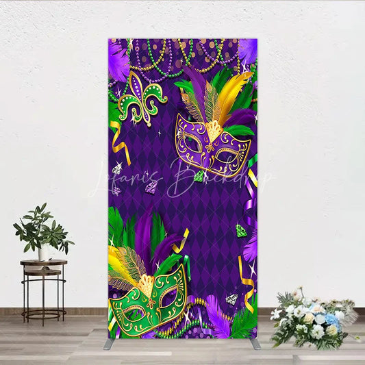 Lofaris Mardi Gras Masquerade Mask Rectangle Backdrop Kit Festive Carnival Party Decor Purple and Gold Feather Theme