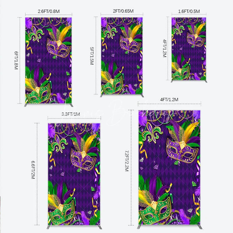 Lofaris Mardi Gras Masquerade Mask Rectangle Backdrop Kit Festive Carnival Party Decor Purple and Gold Feather Theme