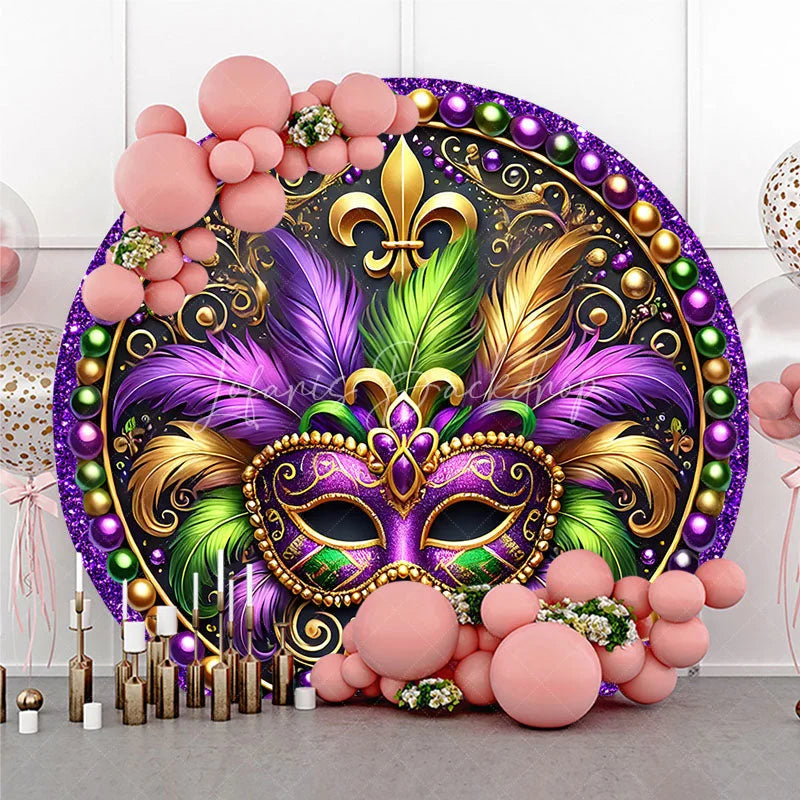 Lofaris Mardi Gras Round Backdrop Purple Green Gold Feathers Masquerade Mask Background Carnival Party Circle Cover Decoration