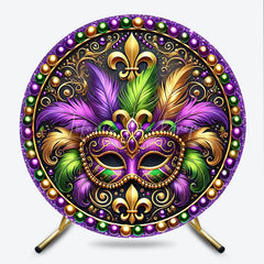 Lofaris Mardi Gras Round Backdrop Purple Green Gold Feathers Masquerade Mask Background Carnival Party Circle Cover Decoration