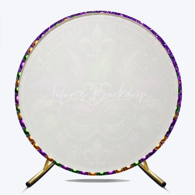 Lofaris Mardi Gras Round Backdrop Purple Green Gold Feathers Masquerade Mask Background Carnival Party Circle Cover Decoration