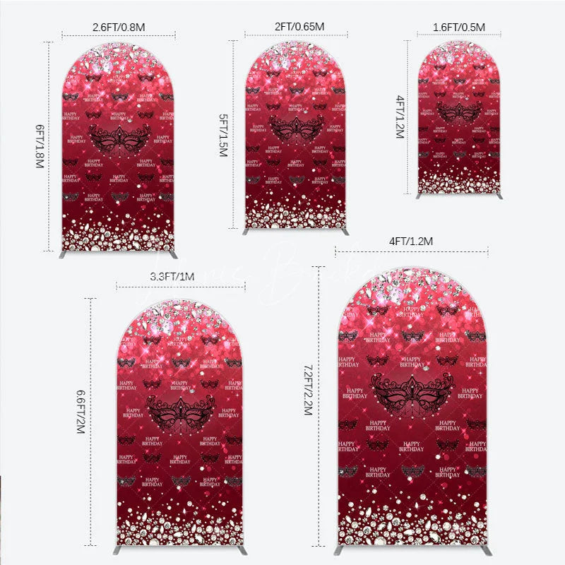Lofaris Masquerade Ball Birthday Arch Backdrop Red and Black Venetian Mask with Diamonds Sweet 16 Party Decor