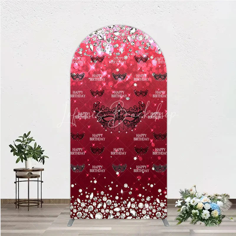 Lofaris Masquerade Ball Birthday Arch Backdrop Red and Black Venetian Mask with Diamonds Sweet 16 Party Decor