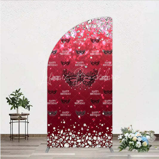 Lofaris Masquerade Ball Birthday Half Moon Arch Backdrop Red and Black Venetian Mask with Diamonds Sweet 16 Party Decor
