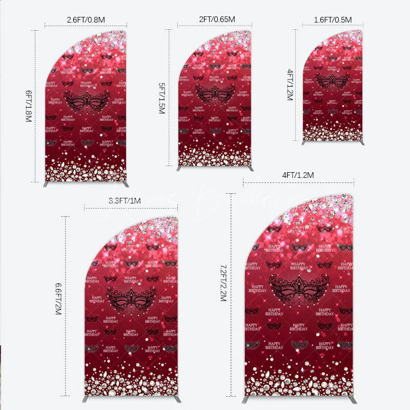 Lofaris Masquerade Ball Birthday Half Moon Arch Backdrop Red and Black Venetian Mask with Diamonds Sweet 16 Party Decor