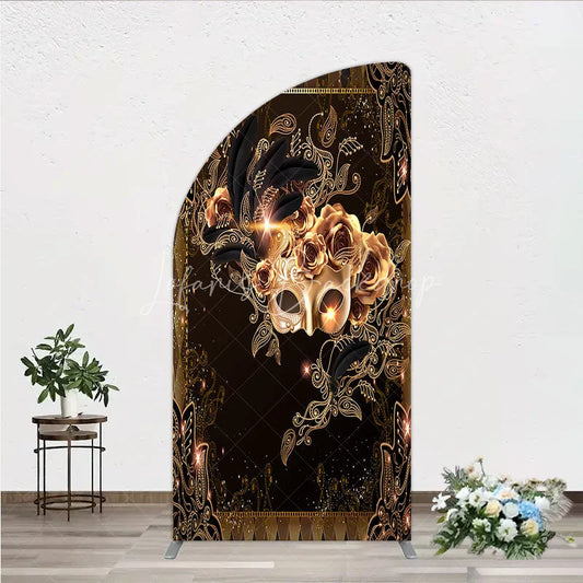 Lofaris Masquerade Mask Half Moon Arch Backdrop Black Gold Feathers Roses Background Carnival Prom Party Cover Photography Prop