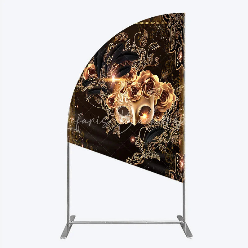 Lofaris Masquerade Mask Half Moon Arch Backdrop Black Gold Feathers Roses Background Carnival Prom Party Cover Photography Prop