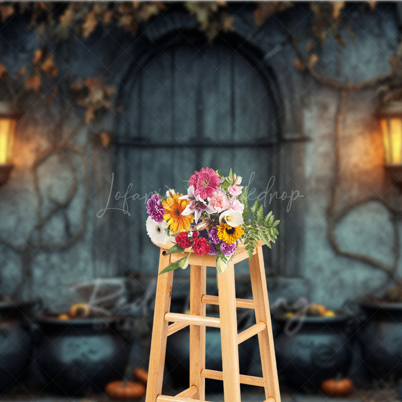 Lofaris Medieval Dungeon Wall Photography Backdrop Spooky Witch’s Lair with Cauldrons Halloween Photo Background