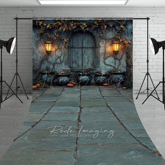 Lofaris Medieval Dungeon Wall Sweep Backdrop Spooky Witch’s Lair with Cauldrons Halloween Photo Studio Floor Drop