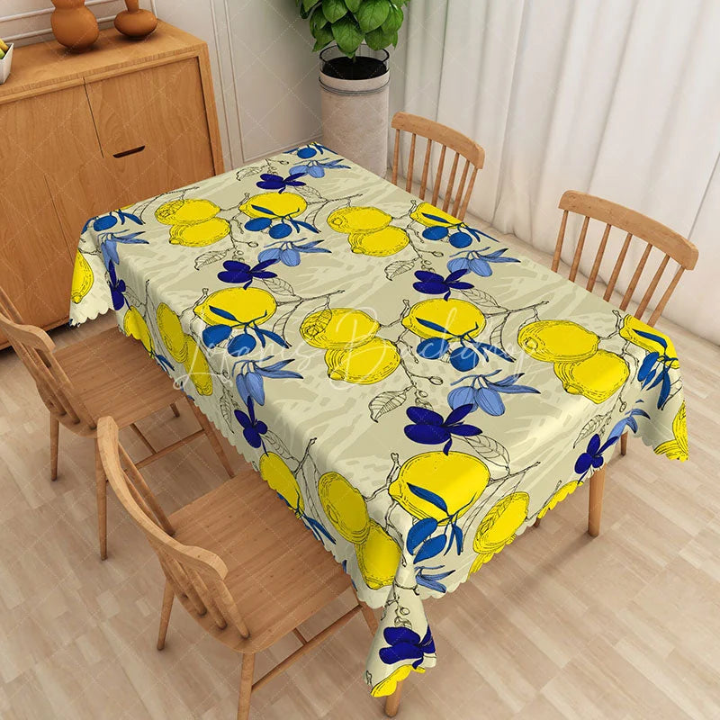 Lofaris Mediterranean Lemon and Blue Leaf Rectangle Tablecloth Sketch Style Fruit Table Cover Italian Dining Decor