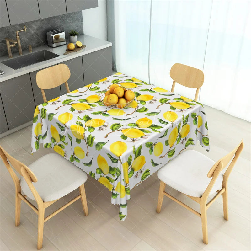 Lofaris Mediterranean Yellow Lemon Rectangle Tablecloth Fresh Fruit and Leaf Pattern Table Cover for Kitchen