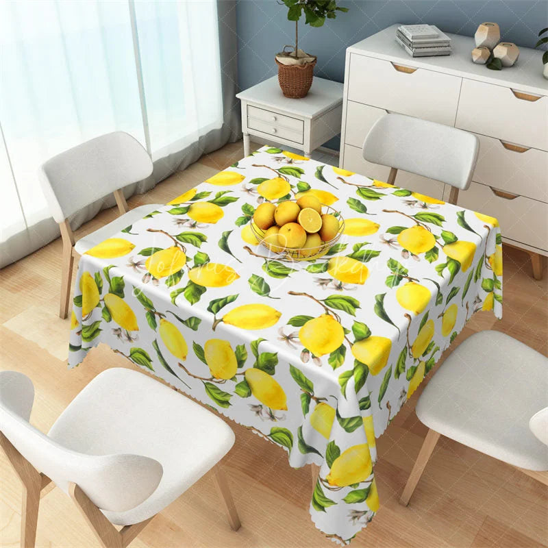 Lofaris Mediterranean Yellow Lemon Rectangle Tablecloth Fresh Fruit and Leaf Pattern Table Cover for Kitchen