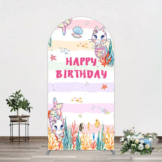 Lofaris Mermaid Cat Cartoon Happy Birthday Arch Backdrop