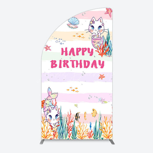 Lofaris Mermaid Cat Cartoon Happy Birthday Half Moon Arch Backdrop