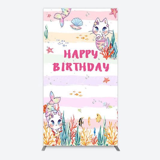Lofaris Mermaid Cat Cartoon Happy Birthday Rectangle Backdrop
