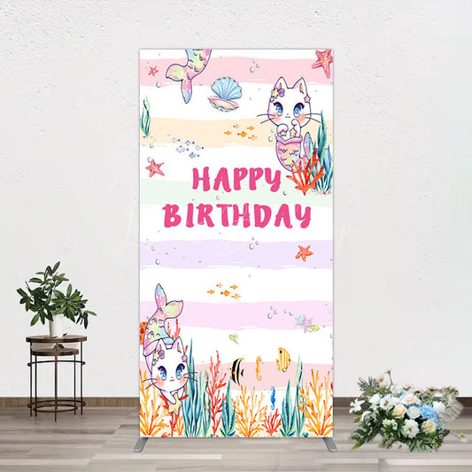 Lofaris Mermaid Cat Cartoon Happy Birthday Rectangle Backdrop