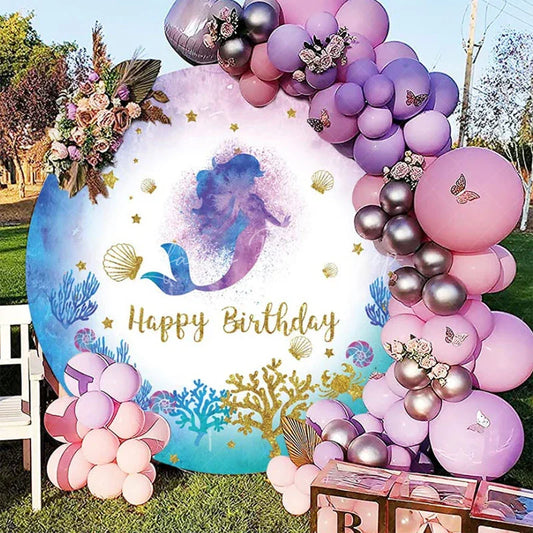 Lofaris Mermaid Coral Gold Glitter Round Birthday Backdrop