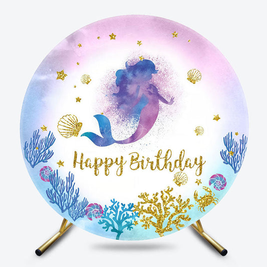 Lofaris Mermaid Coral Gold Glitter Round Birthday Backdrop