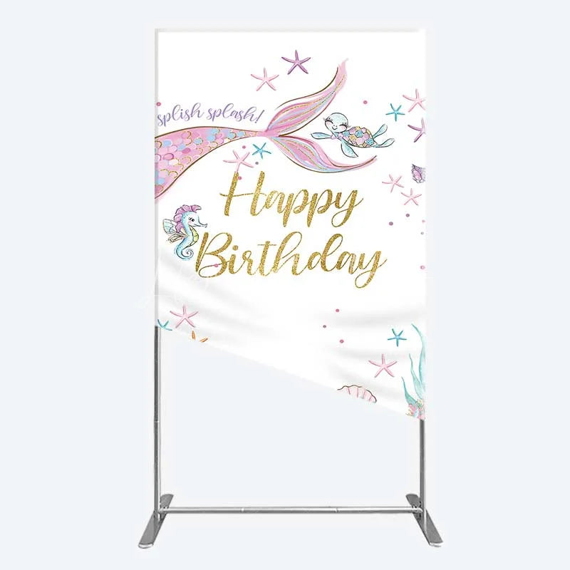 Lofaris Mermaid Happy Birthday Rectangle Backdrop Under the Sea Ocean Theme Girl Party Decoration