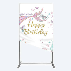 Lofaris Mermaid Happy Birthday Rectangle Backdrop Under the Sea Ocean Theme Girl Party Decoration