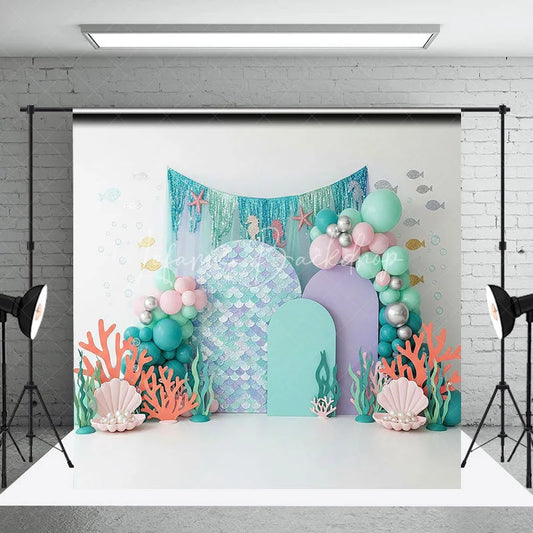 Lofaris Mermaid Scale Under the Sea Backdrop Pastel Coral and Shell for Birthday Cake Smash