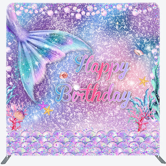 Lofaris Mermaid Tail Happy Birthday Double-Sided Tension Fabric Backdrop Under the Sea Party Glitter Photo Booth
