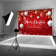 Lofaris Merry Christmas and Happy New Year Backdrop Red Gold Ornaments Winter Holiday Party Photo Booth Decor