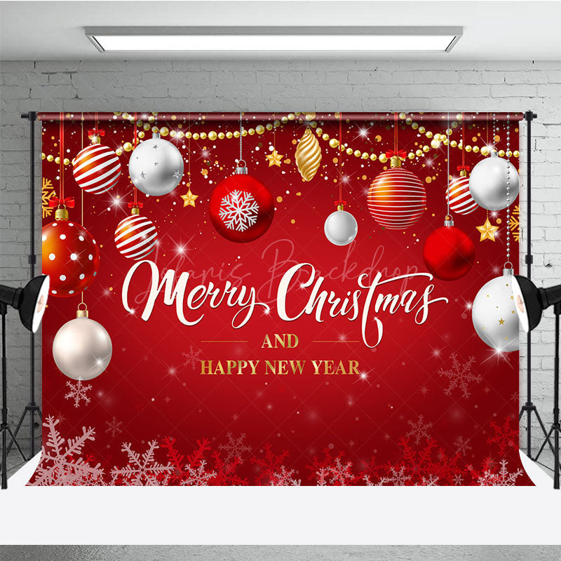 Lofaris Merry Christmas and Happy New Year Backdrop Red Gold Ornaments Winter Holiday Party Photo Booth Decor