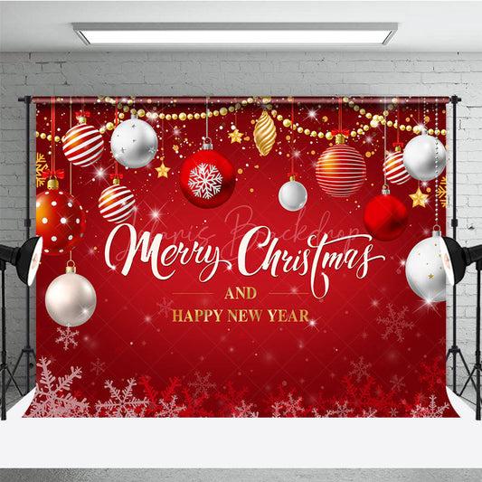 Lofaris Merry Christmas and Happy New Year Backdrop Red Gold Ornaments Winter Holiday Party Photo Booth Decor