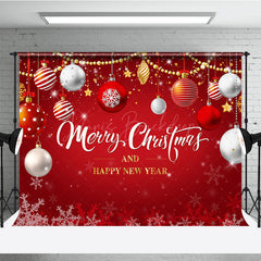 Lofaris Merry Christmas and Happy New Year Backdrop Red Gold Ornaments Winter Holiday Party Photo Booth Decor