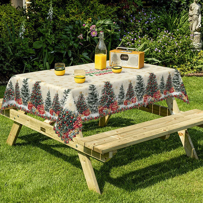 Lofaris Merry Christmas and Happy New Year Rectangle Tablecloth Creamy Beige with Trees Snowflake Holiday Decor