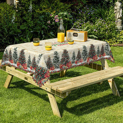 Lofaris Merry Christmas and Happy New Year Rectangle Tablecloth Creamy Beige with Trees Snowflake Holiday Decor