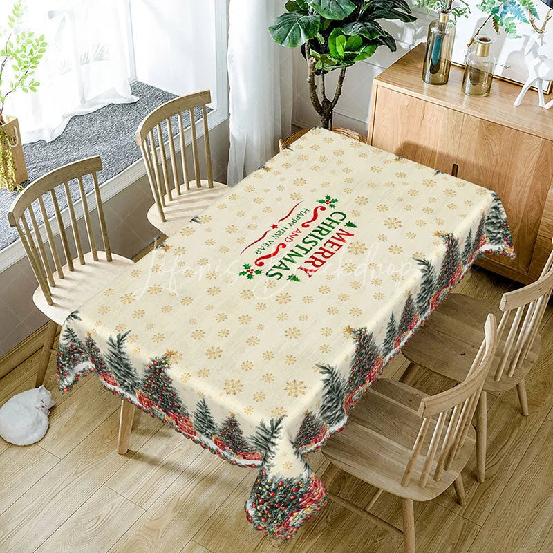 Lofaris Merry Christmas and Happy New Year Rectangle Tablecloth Creamy Beige with Trees Snowflake Holiday Decor