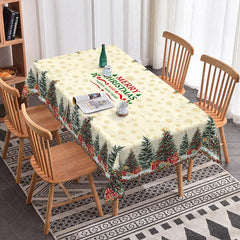 Lofaris Merry Christmas and Happy New Year Rectangle Tablecloth Creamy Beige with Trees Snowflake Holiday Decor