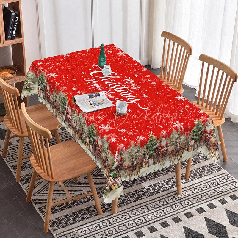 Lofaris Merry Christmas and Happy New Year Red Rectangle Tablecloth Snowy Village Scene Winter Holiday Dining Decor
