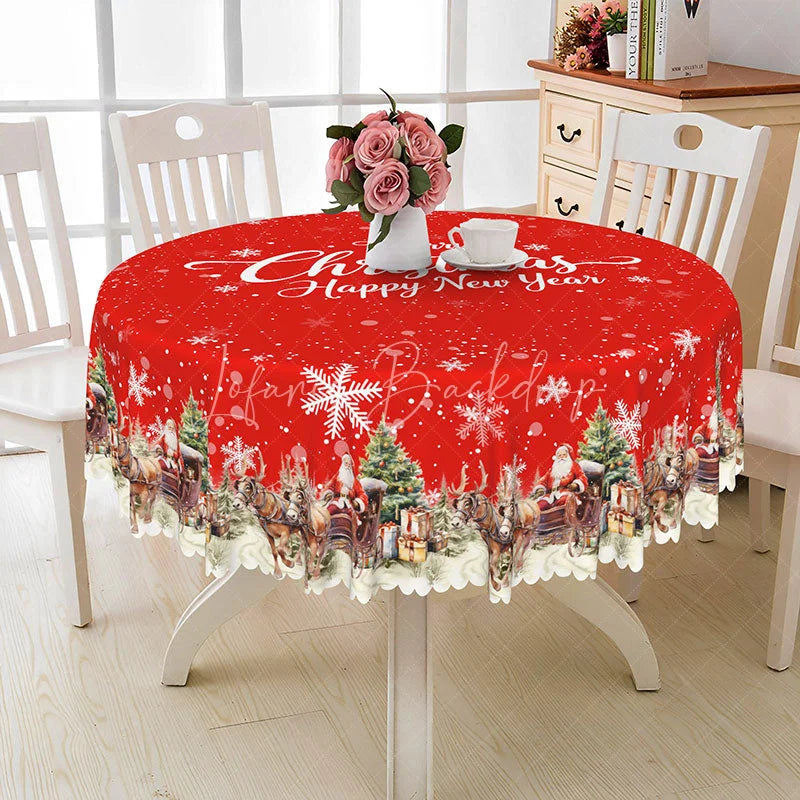 Lofaris Merry Christmas and Happy New Year Red Round Tablecloth Santa’s Sleigh Snowy Village Holiday Decor