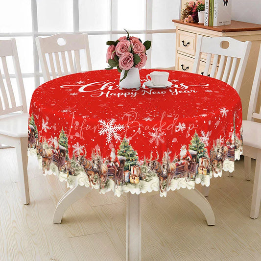 Lofaris Merry Christmas and Happy New Year Red Round Tablecloth Santa’s Sleigh Snowy Village Holiday Decor