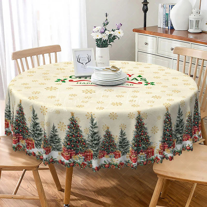Lofaris Merry Christmas and Happy New Year Round Tablecloth Creamy Beige with Trees Snowflake Holiday Decor