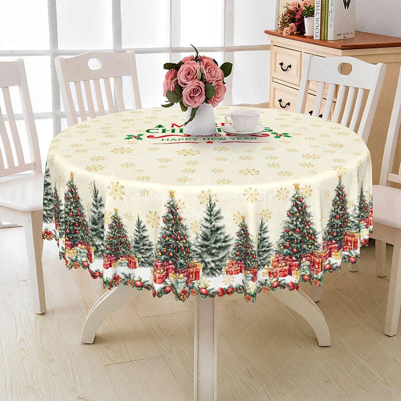 Lofaris Merry Christmas and Happy New Year Round Tablecloth Creamy Beige with Trees Snowflake Holiday Decor