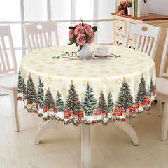 Lofaris Merry Christmas and Happy New Year Round Tablecloth Creamy Beige with Trees Snowflake Holiday Decor