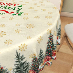 Lofaris Merry Christmas and Happy New Year Round Tablecloth Creamy Beige with Trees Snowflake Holiday Decor