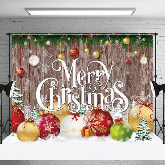 Lofaris Merry Christmas Backdrop with Rustic Wood and Colorful Ornaments Farmhouse Holiday Winter Party Decor