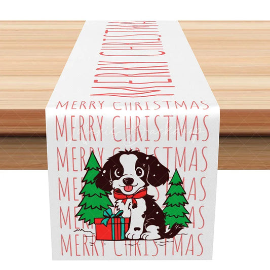 Lofaris Merry Christmas Cute Dog with Tree Table Runner Red and White Holiday Pet Lover Decor
