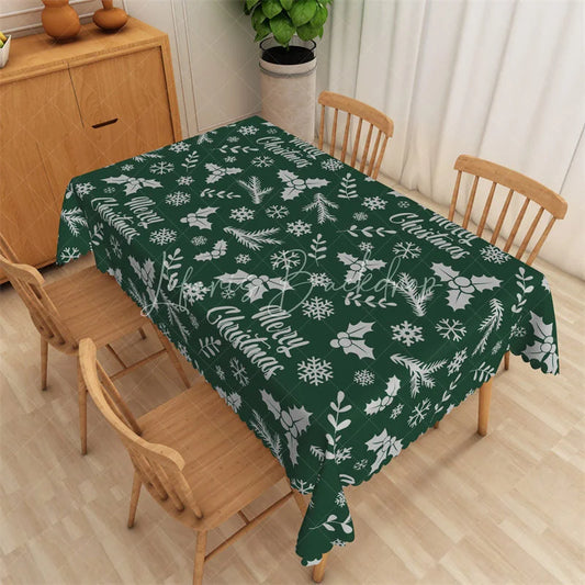 Lofaris Merry Christmas Rectangle Tablecloth Green with White Holly Snowflake Winter Holiday Table Cover Decor