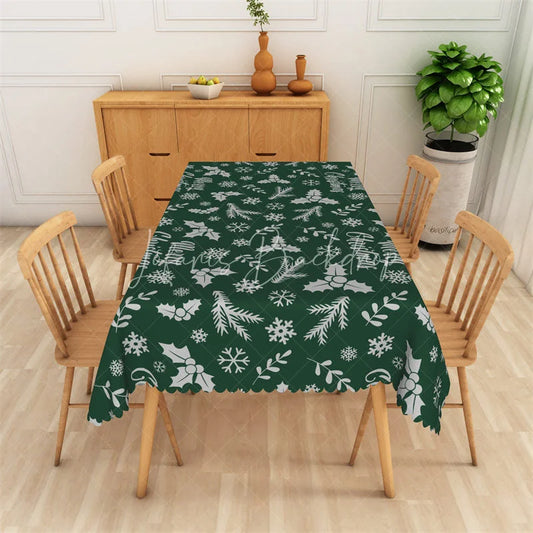 Lofaris Merry Christmas Rectangle Tablecloth Green with White Holly Snowflake Winter Holiday Table Cover Decor