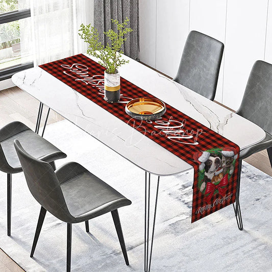 Lofaris Merry Christmas Red Buffalo Plaid Table Runner Cute Pets with Santa Hats Farmhouse Holiday Decor