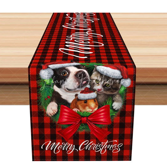 Lofaris Merry Christmas Red Buffalo Plaid Table Runner Cute Pets with Santa Hats Farmhouse Holiday Decor