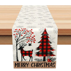 Lofaris Merry Christmas Red Buffalo Plaid Table Runner Rustic Reindeer and Tree Farmhouse Holiday Decor