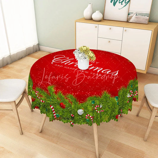 Lofaris Merry Christmas Red Round Tablecloth with Green Pine Garland Border Simple Holiday Dining Table Decor