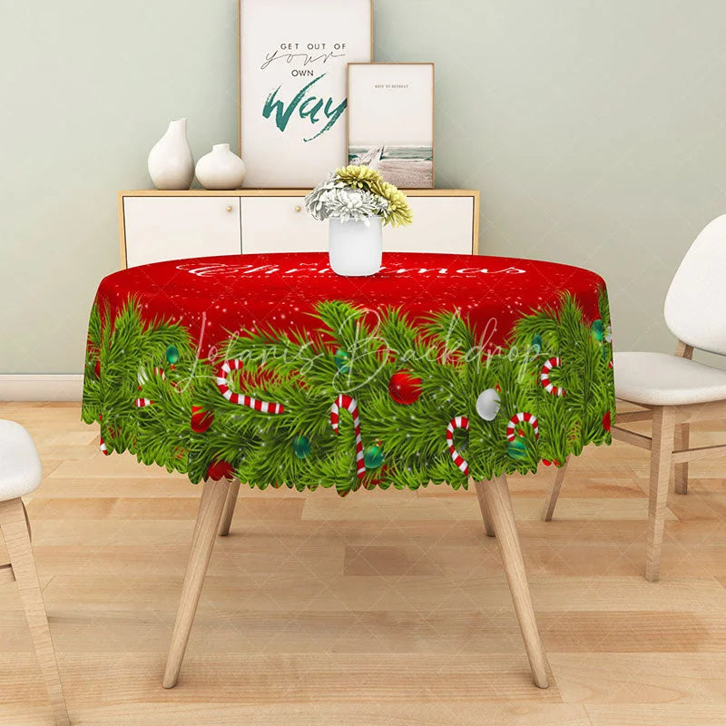 Lofaris Merry Christmas Red Round Tablecloth with Green Pine Garland Border Simple Holiday Dining Table Decor